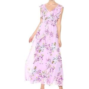 Tahari ASL Lavender Floral Ruffled Chiffon Maxi Dress Size 8